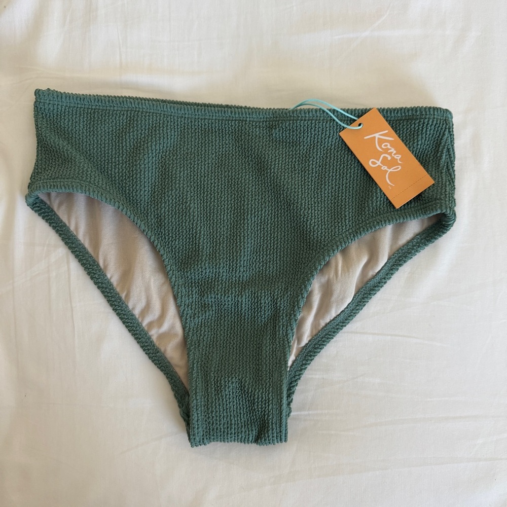 Kona Sol mid rise crinkle textured Bikini Bottom moss green size M nwt